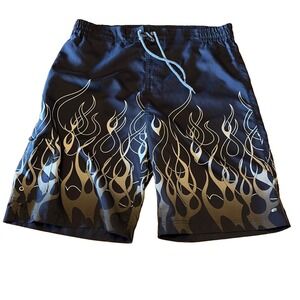 VTG Point Zero Men's M Graphic Floral Surf Board Shorts 90s Y2K Flames Biker